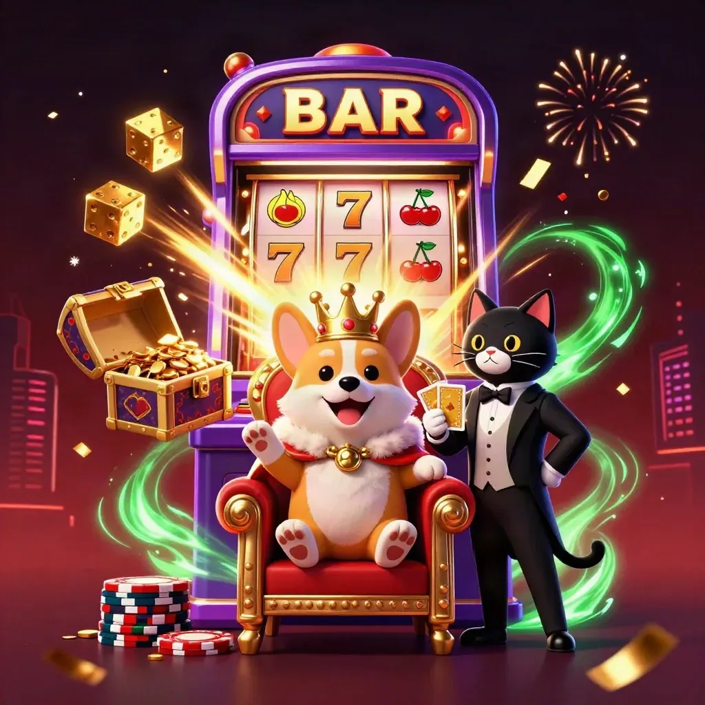 Royal corgi and cat butler amid exploding slots, chips, gold, confetti, and neon casino lights
