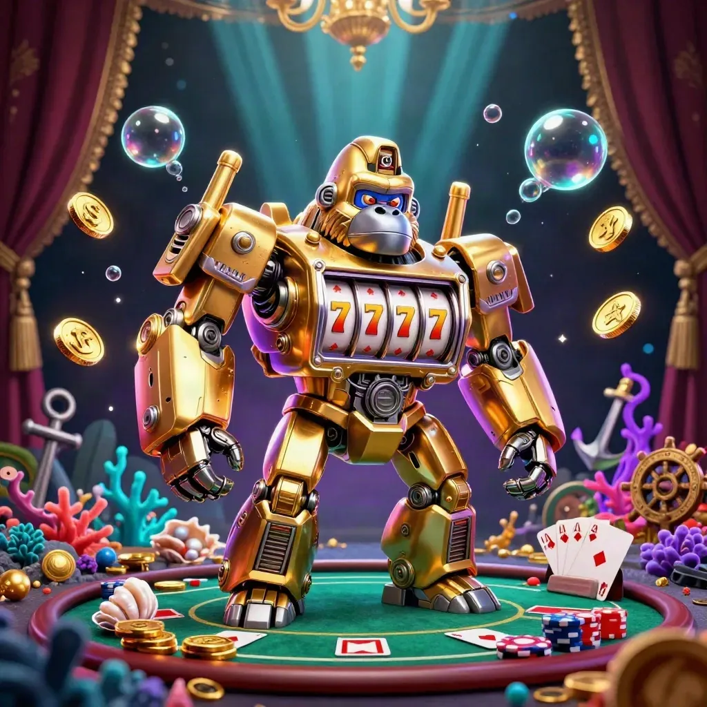 Golden gorilla slot mech with tiny monkey pilot amid treasure cove, cards, chips, and neon glow
