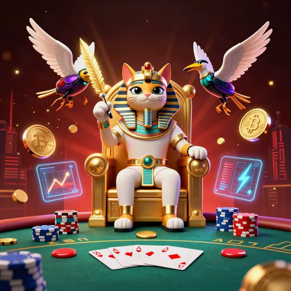 Pharaoh cat on throne with scribe, scarabs, poker chips, and glowing crypto effects.