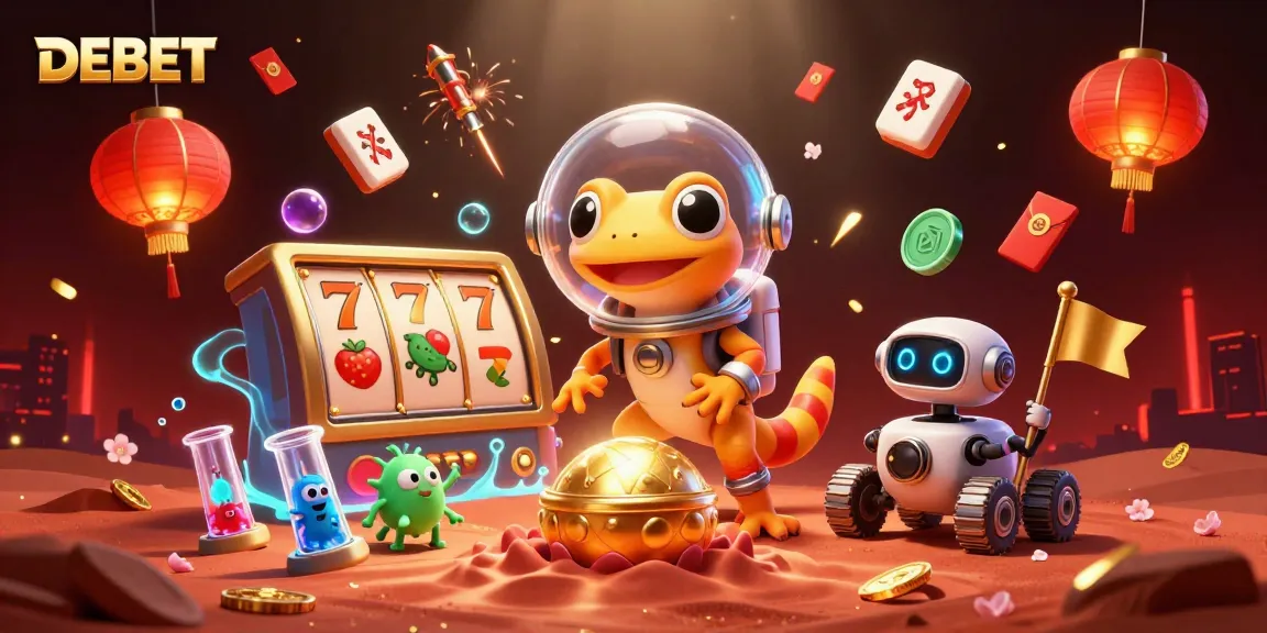 Engage in fun gaming experiences with DEBET featuring a Martian gecko in a golden casino scene.