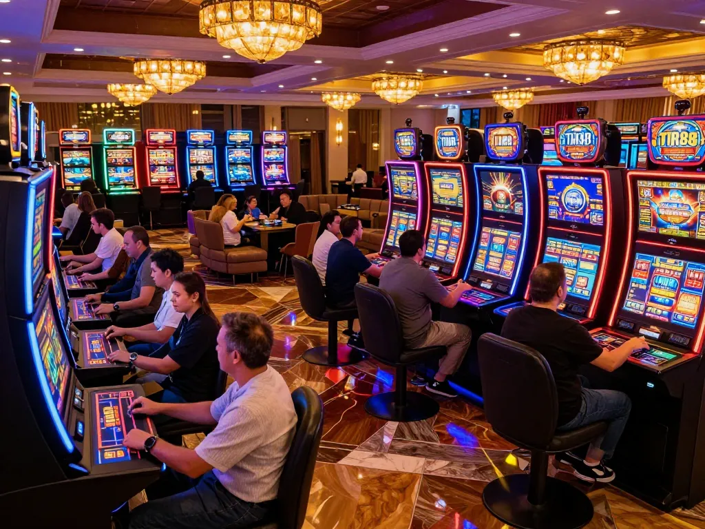 TR88 đăng nhâp scene showcasing players engaging at vibrant slot machines with colorful displays.