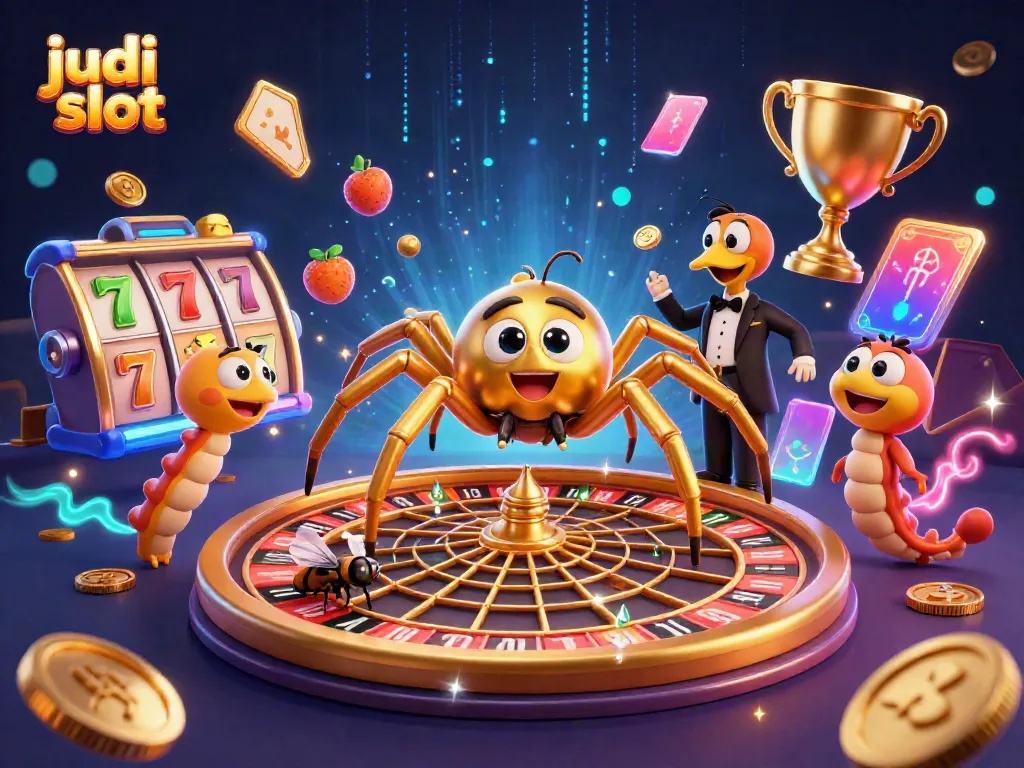 Ilustrasi judi slot menampilkan laba-laba emas dan croupier kaki seribu dalam suasana kasino.