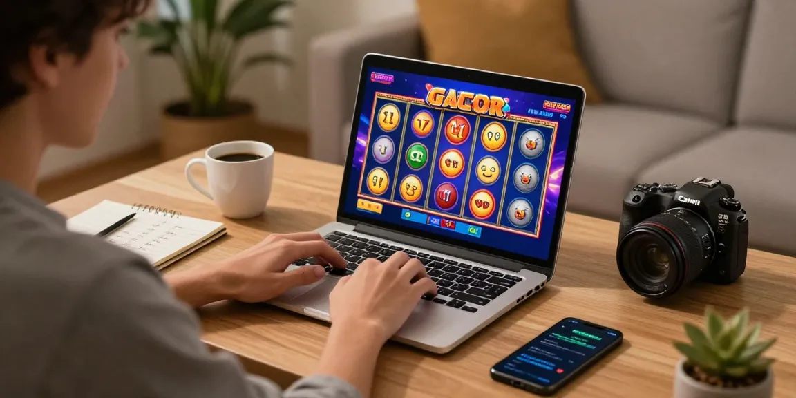 Pengalaman bermain slot gacor di rumah dengan suasana nyaman dan fokus pada layar laptop.