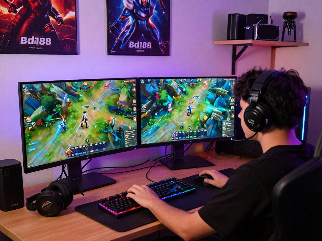 eksena ng bd188 gaming platform na nagpapakita ng user na naglalaro sa modernong computer desk.
