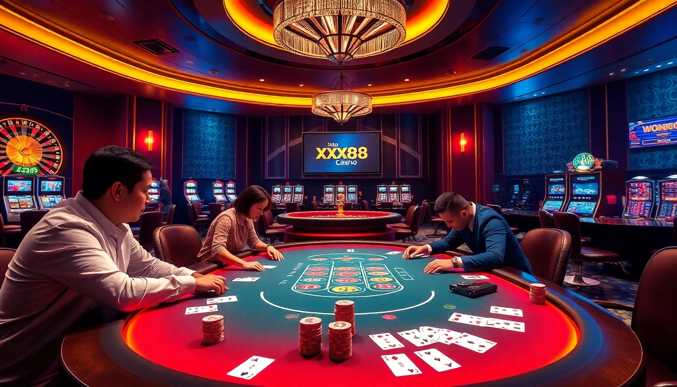 Players enjoying the thrilling xx88 game experience at a luxurious casino table with poker chips and cards.
