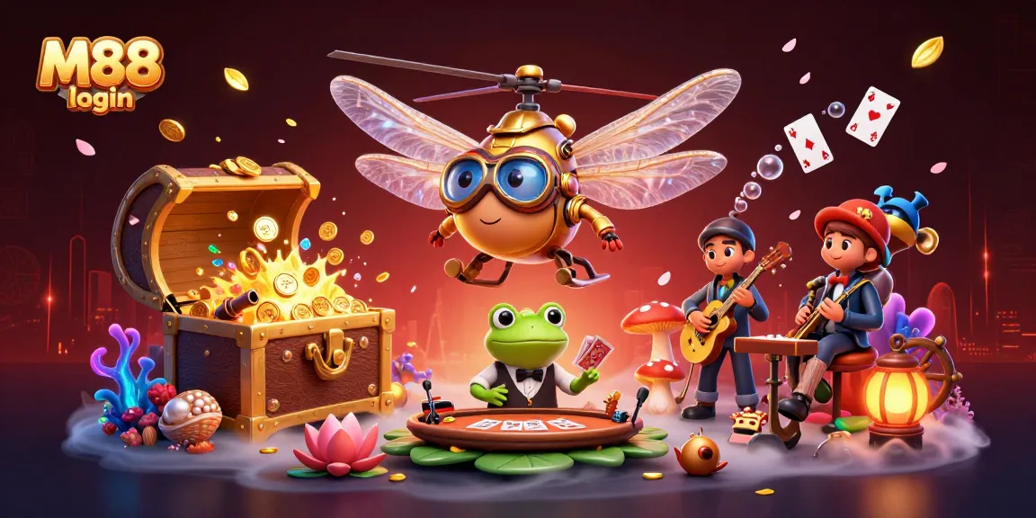 Engage in thrilling adventures on M88 login at a vibrant lily pad casino teeming with colorful characters.