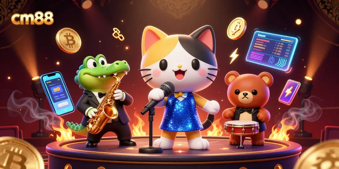 Join cm88's vibrant casino scene with animated characters and crypto elements for an exciting gaming experience.