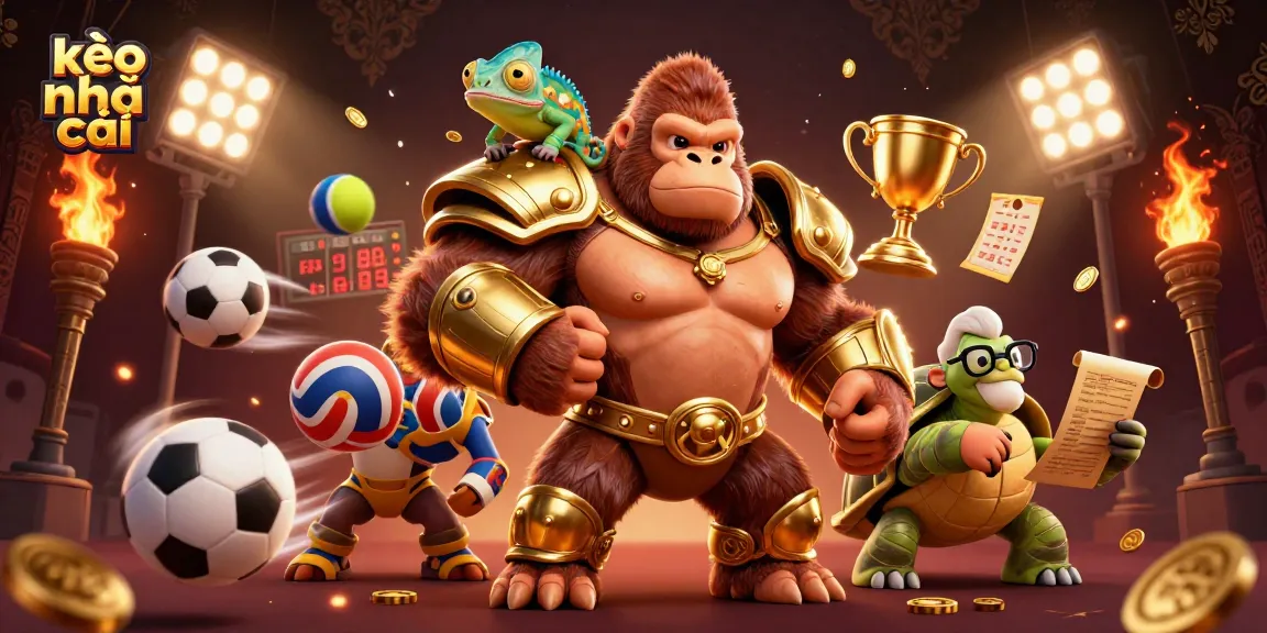 Bet on kèo nhà cái with a powerful gorilla king and colorful chameleon amidst dynamic sports elements.