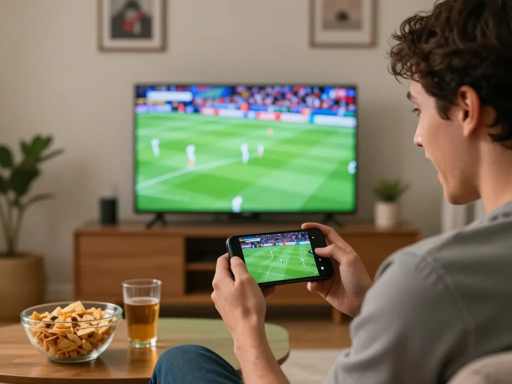 Person placing bets on bk8 using smartphone while watching live sports in a cozy living room.