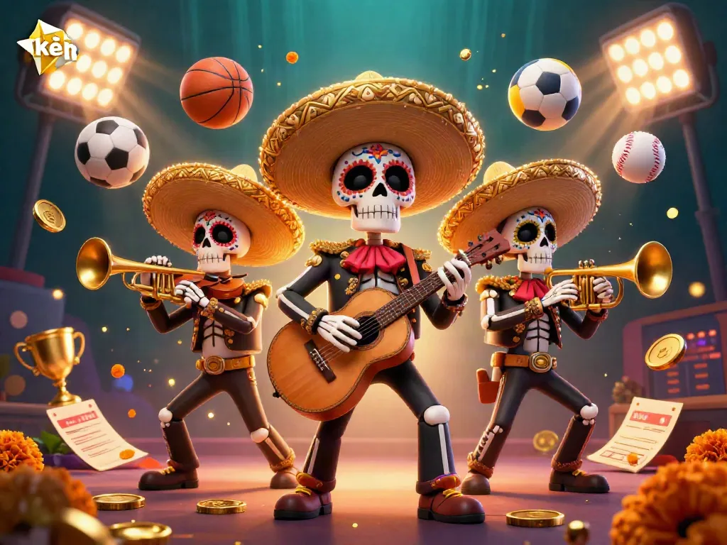 Engage with kèo nhà cái through dynamic sports-themed illustration featuring vibrant mariachi band and betting elements.
