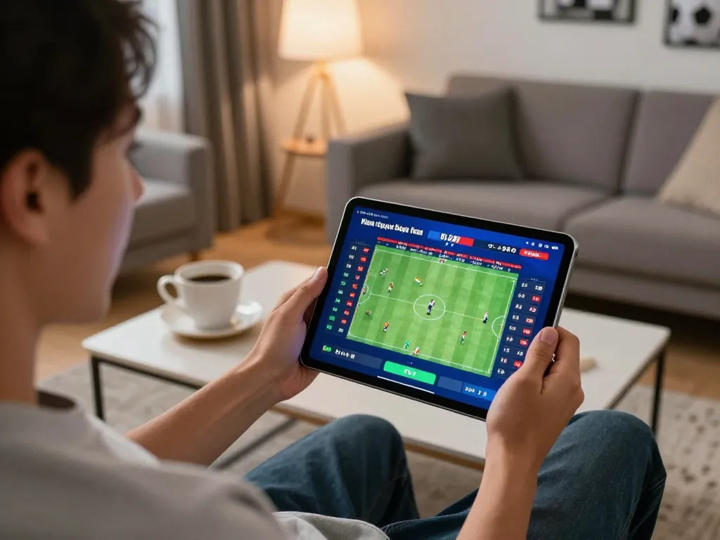 Engaging scene showcasing Kết quả bóng đá on a tablet while enjoying online sports betting at home