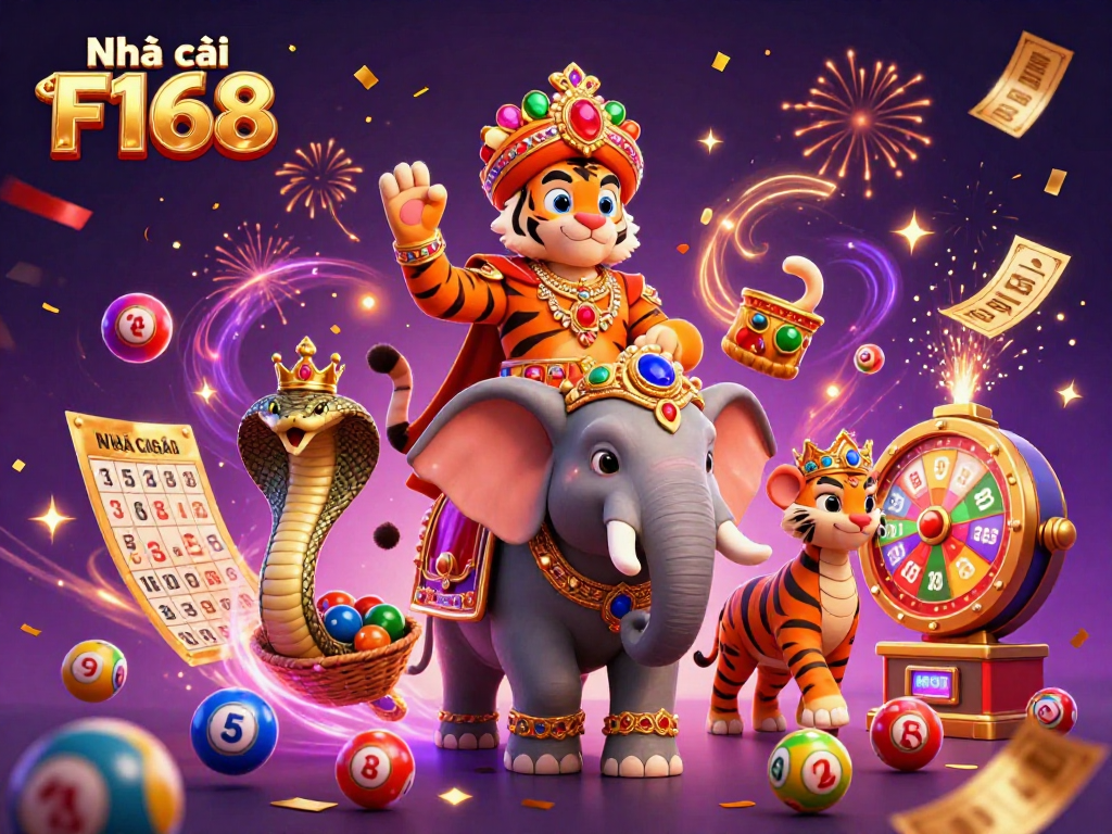 Experience the excitement of Nhà cái F168 with vibrant lottery elements and celebratory visuals.
