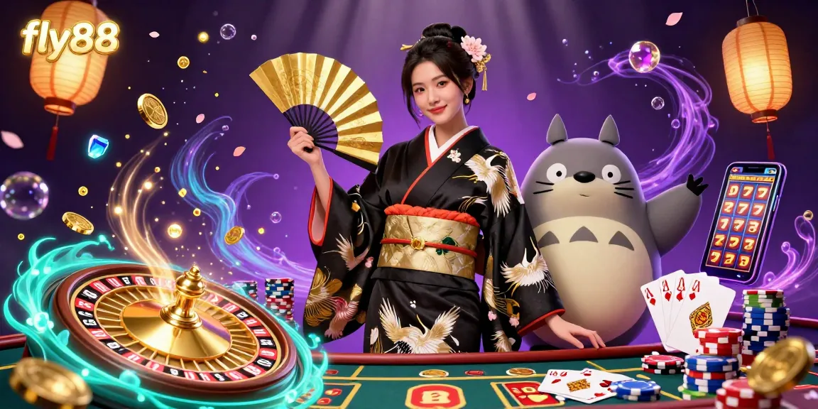 Experience excitement at fly88 with a vibrant casino scene featuring dynamic gaming elements and characters.