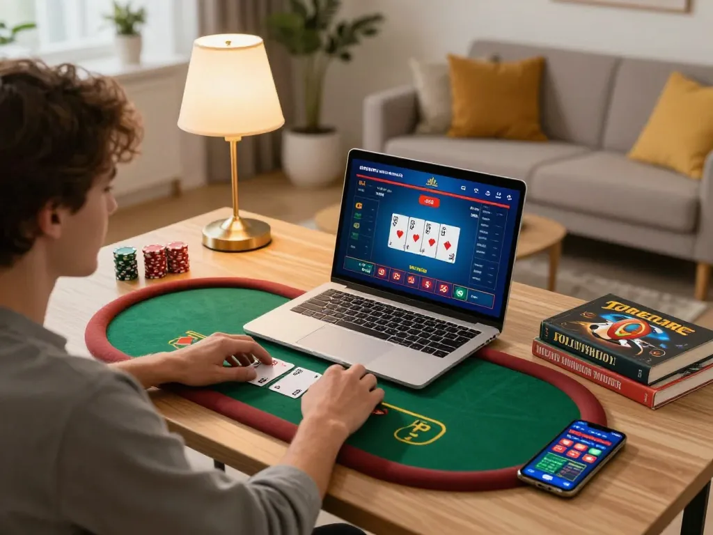 gbong player engaging in strategic online poker game at home desk with ambient lighting and decor