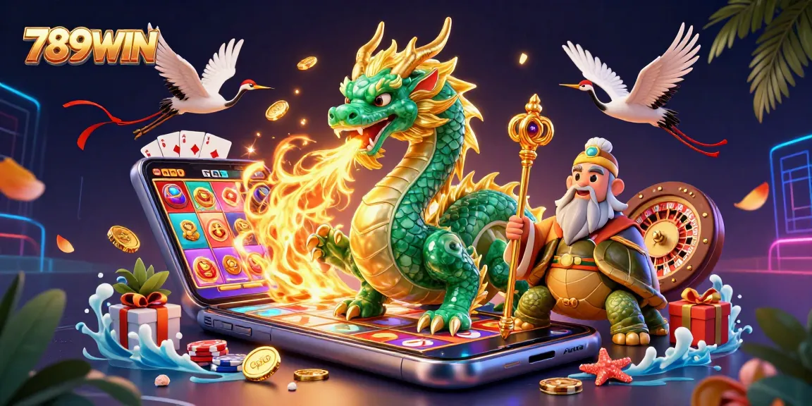 Play thrilling games at 789WIN casino with golden coins, vibrant slot reels, and a mystical dragon.