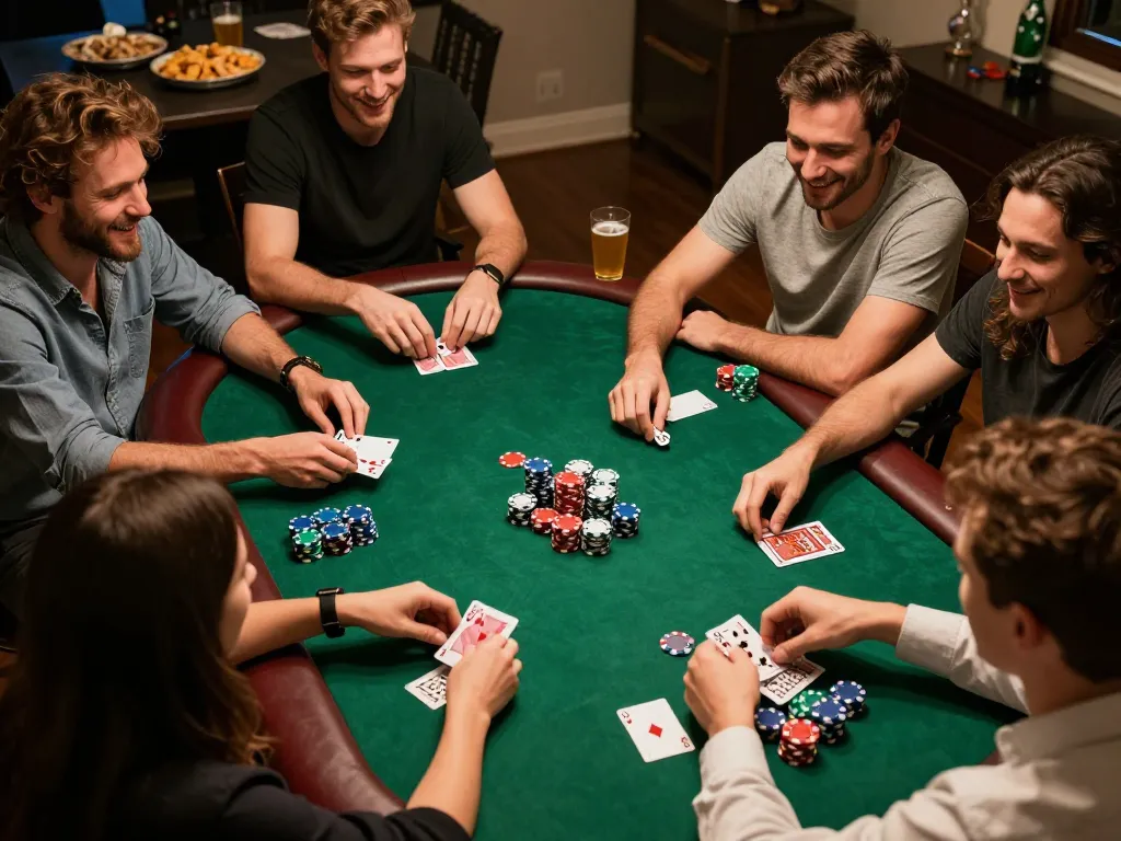 Friends enjoy an exciting poker night using king33 strategies during an engaging game.