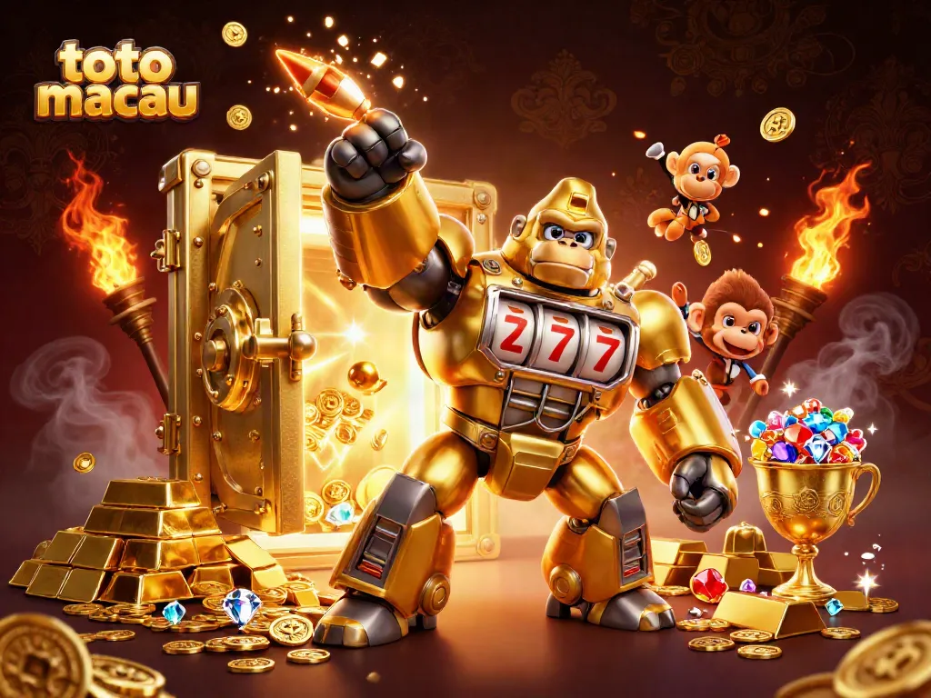 Toto macau: Mecha gorila keemasan bertarung simbol slot dengan harta berkilauan dan hadiah menarik.