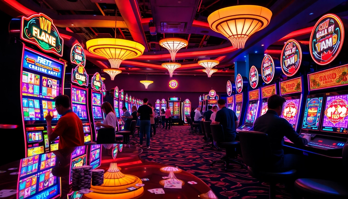 Engaging players at game slot rtp tinggi casino with vibrant neon lights and dynamic atmosphere.