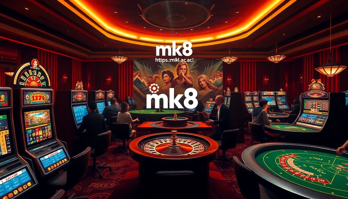 Players enjoying exciting games at https://mk8.ac/ with luxurious casino elements, including slots and roulette.