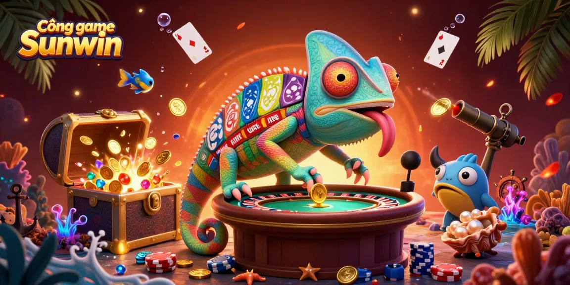 Cổng game Sunwin features a dynamic chameleon casino owner amidst treasure, cards, and vibrant marine elements.
