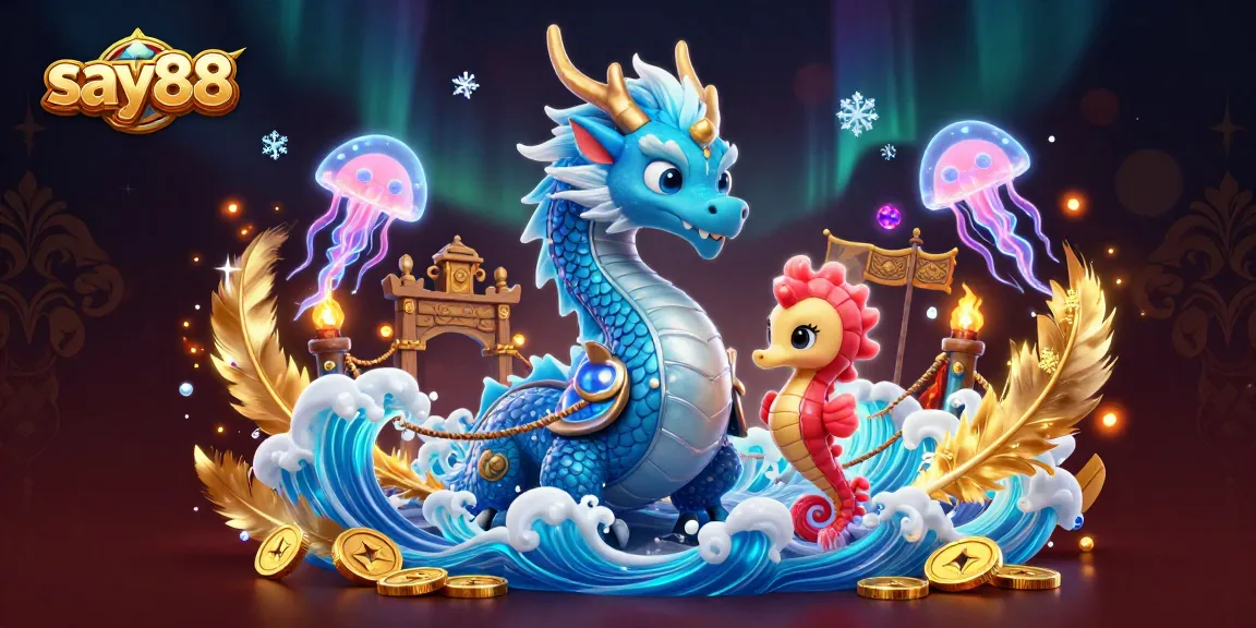 Experience thrilling gaming at say88 with a vibrant dragon, seahorse knight, and jellyfish amidst a rich casino scene.