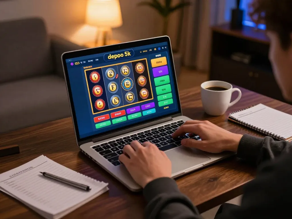 Engaging gameplay on slot depo 5k with vibrant reels and strategic notes around the gaming setup.