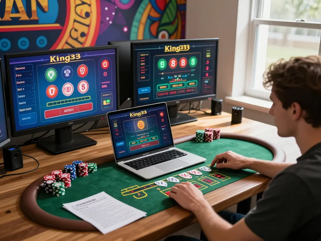 Player strategizing bets in an online blackjack game at King33, showcasing vibrant gaming setup.