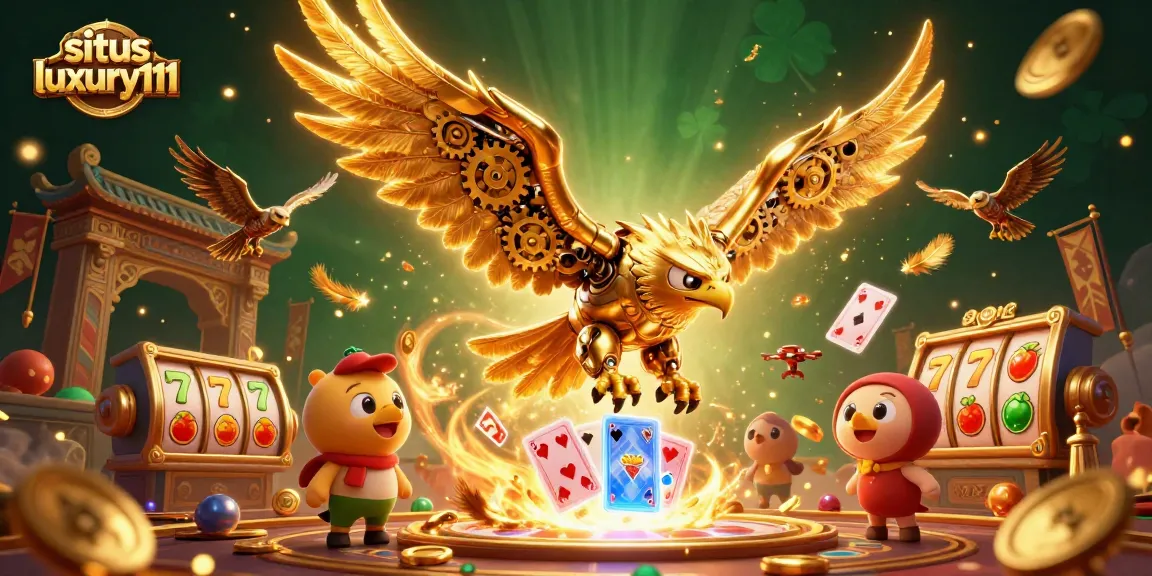 Experience situs luxury111 with a dynamic 3D illustration featuring a golden eagle surrounded by casino elements.