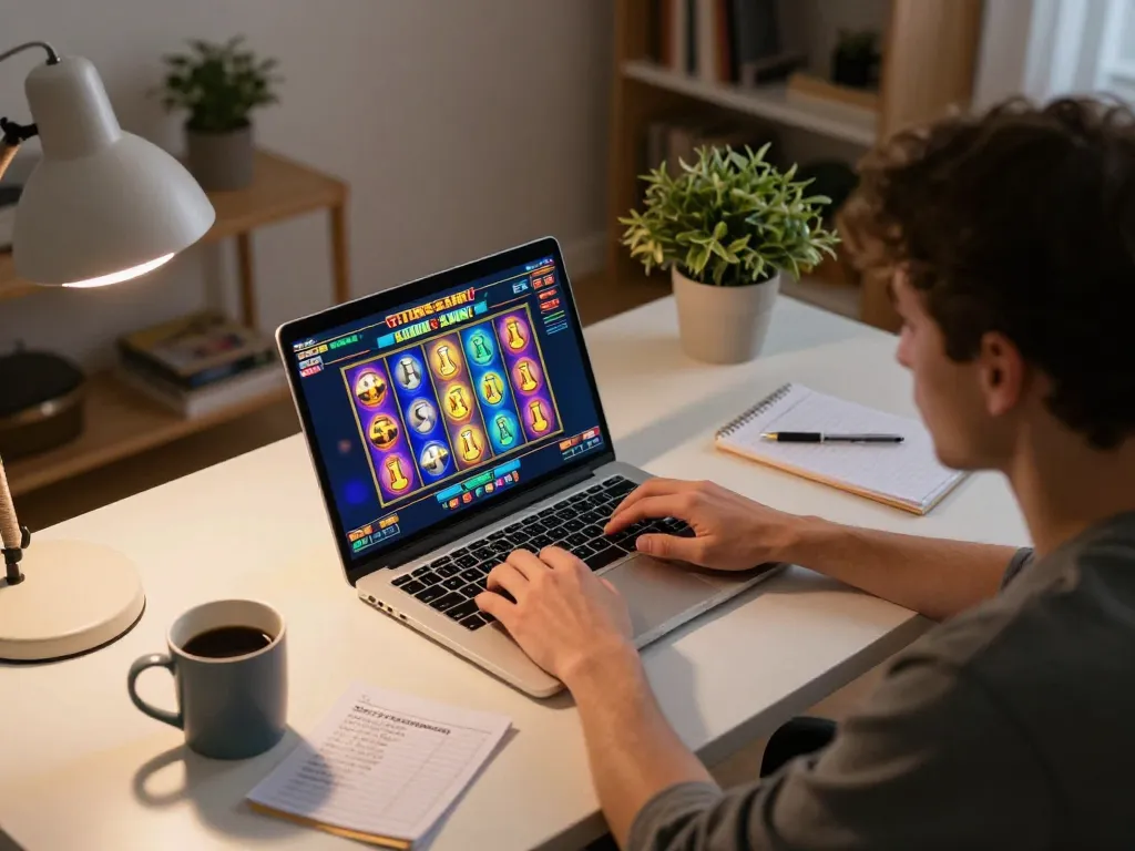 Situs slot gaming session on a laptop with bankroll management notes beside a player's desk.