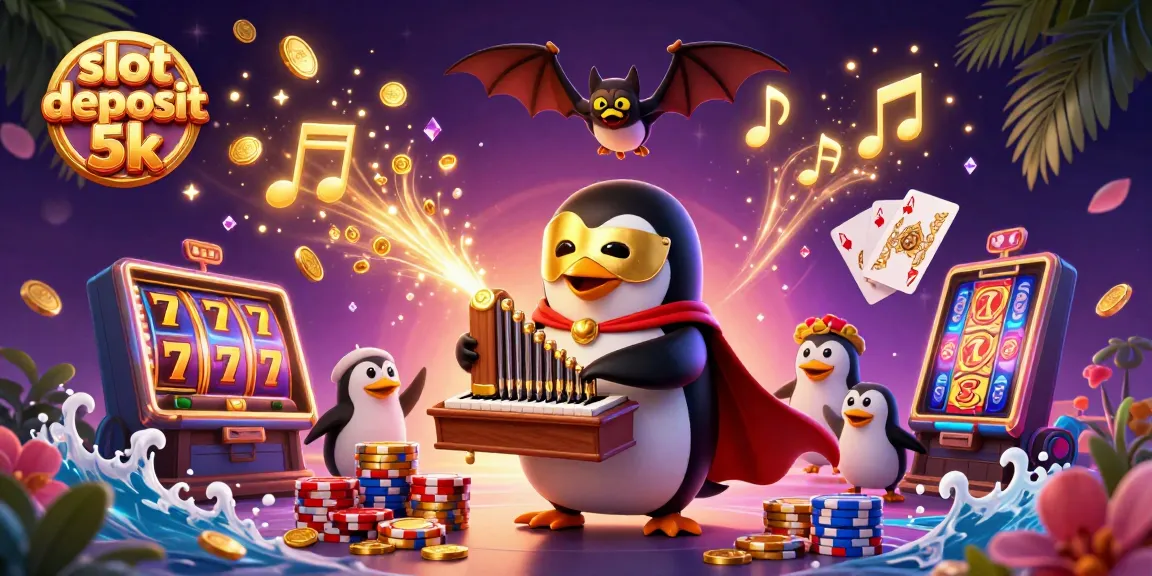 Hit the jackpot with a slot deposit 5k as the enchanted penguin plays a golden organ amidst winning coins and gems