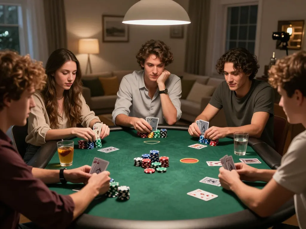 SIN88 players strategizing at a home poker table, vibrant camaraderie and relaxed atmosphere.