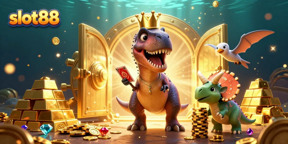 Mainkan slot88 dengan T-Rex lucu dan pemandangan kasino yang berkilau.