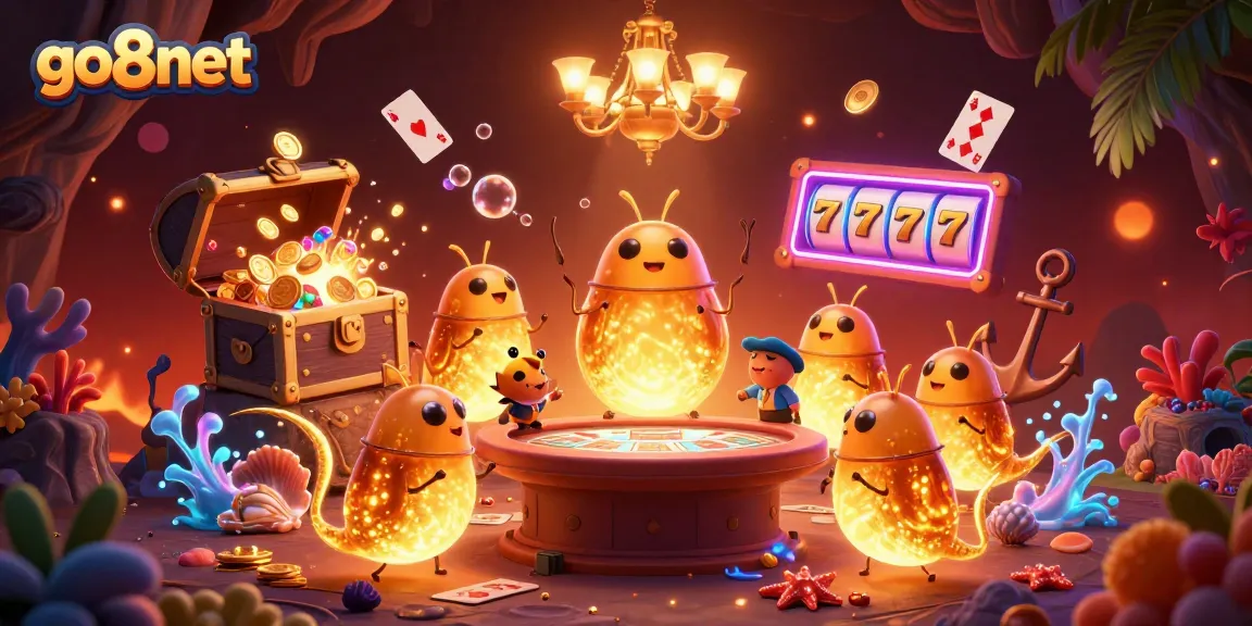 Experience thrilling games at go8net's vibrant cave casino, illuminated by glowing glowworms and slot reels.