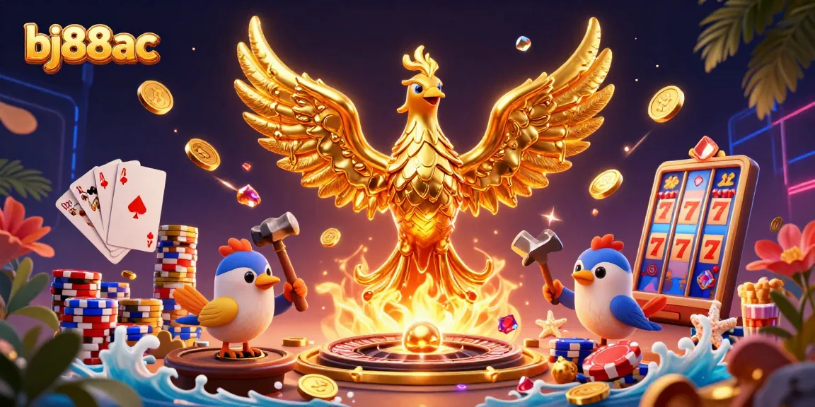 Join the excitement with bj88ac as golden coins and vibrant poker chips illuminate the casino scene.