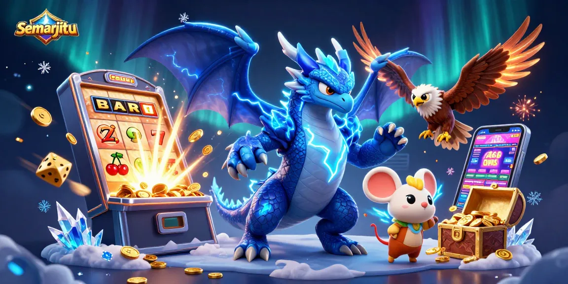 Semarjitu mengaktifkan mesin slot 3D dengan ledakan jackpot dan simbol yang berkilau.