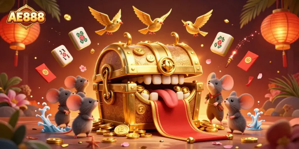 Experience AE888's thrilling casino adventures with lively treasure chests and dynamic game elements.