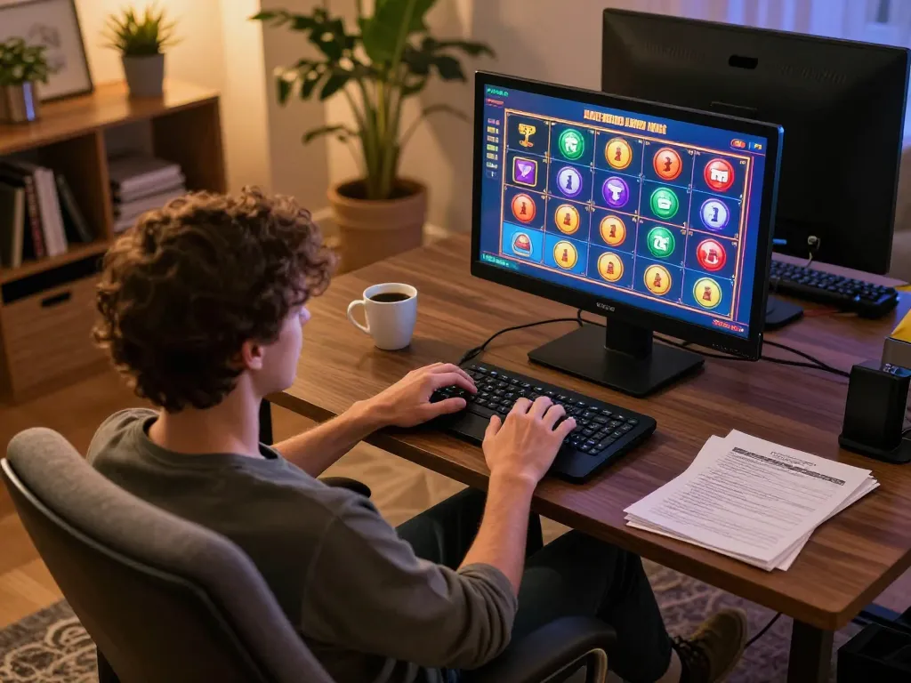 Engaging in online gaming at home with badak178 slot interface illuminated by warm lighting.