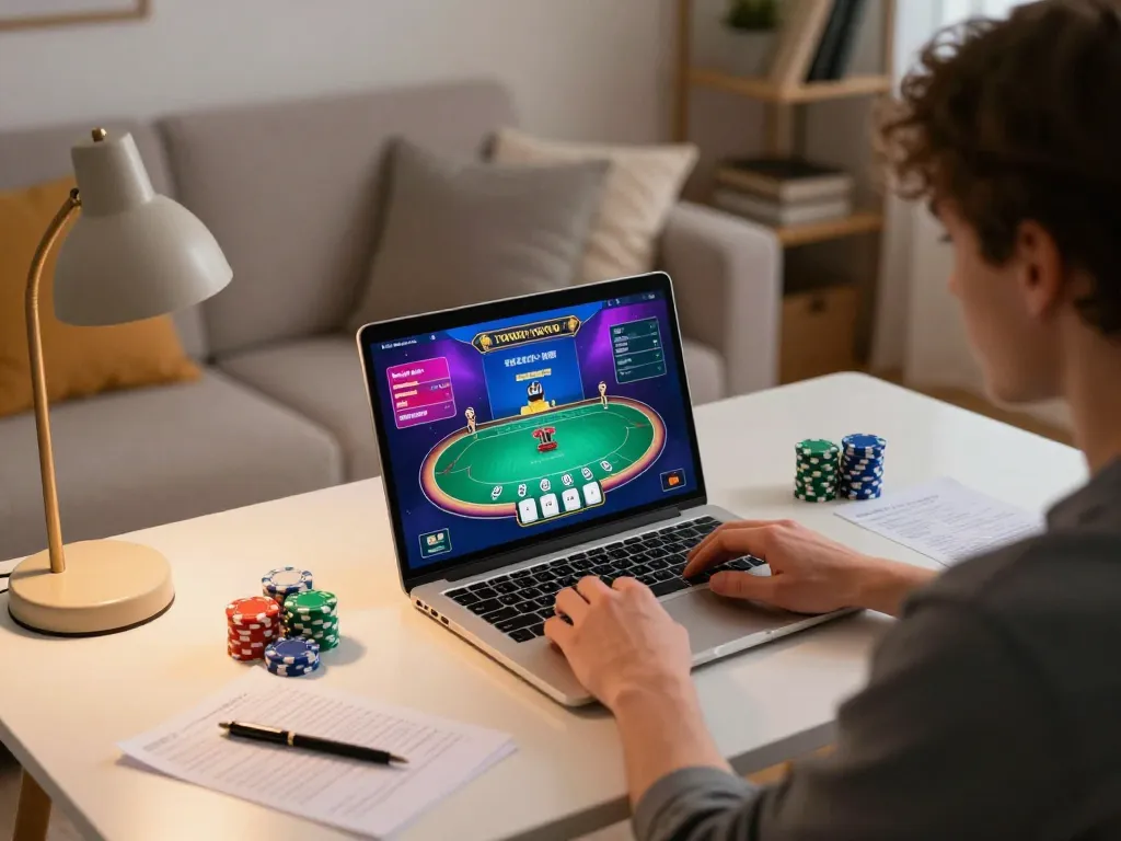 Engaging poker gameplay on lv88seo laptop, displaying strategy notes in a cozy home setting.