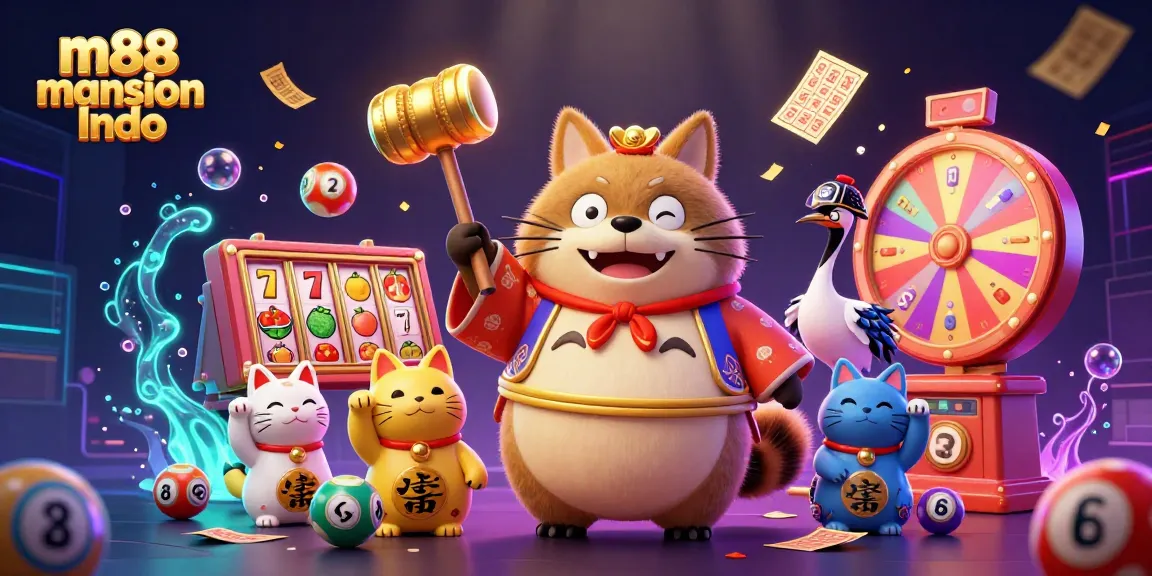 Bermain dan menang di m88 mansion Indo dengan ilustrasi 3D yang menarik tentang tanuki meriah, kucing keberuntungan, dan elemen permainan yang dinamis.