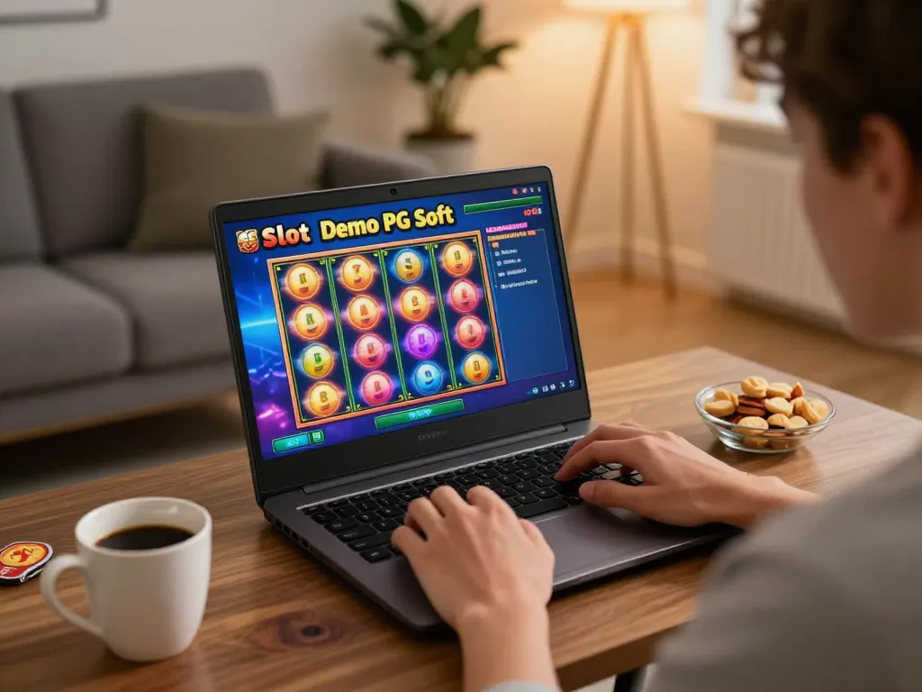 Bermain Slot Demo PG Soft di laptop dengan gulungan berwarna-warni berputar