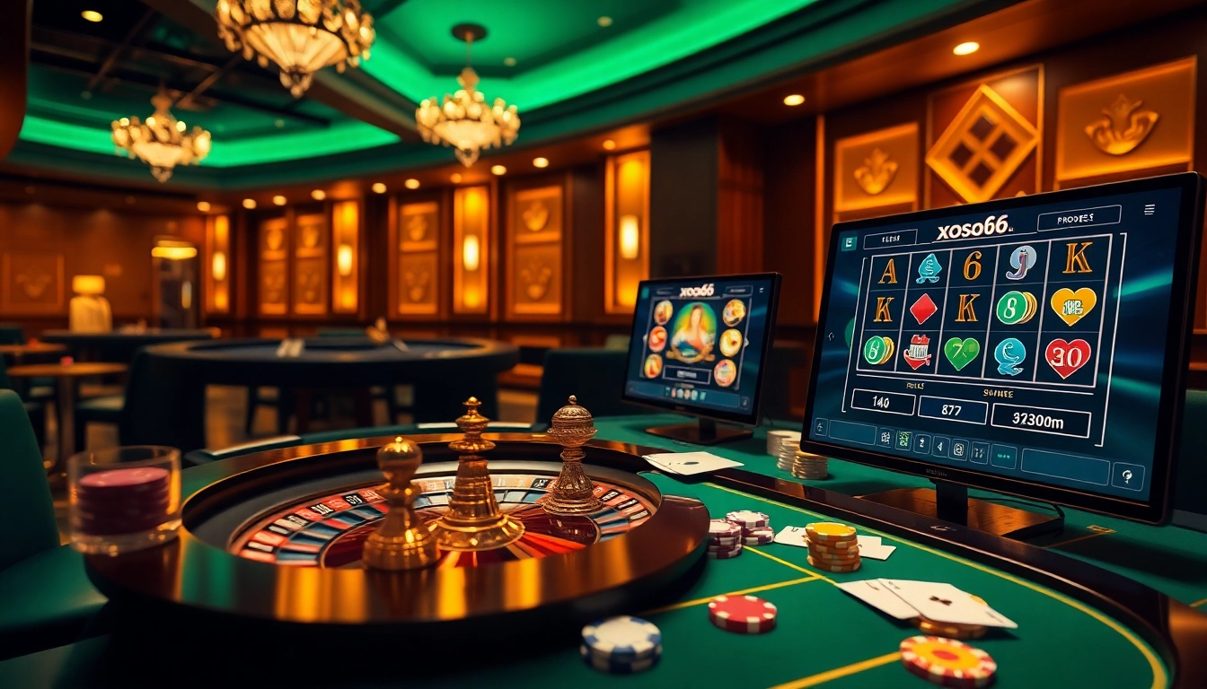 xoso66 enhances online gambling experiences with vibrant casino tables, chips, and digital interfaces.