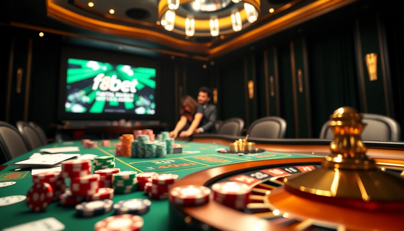 Experience the excitement of online gambling at https://f8bet.me.uk/ with luxury casino visuals featuring poker chips, cards, and roulette wheels.