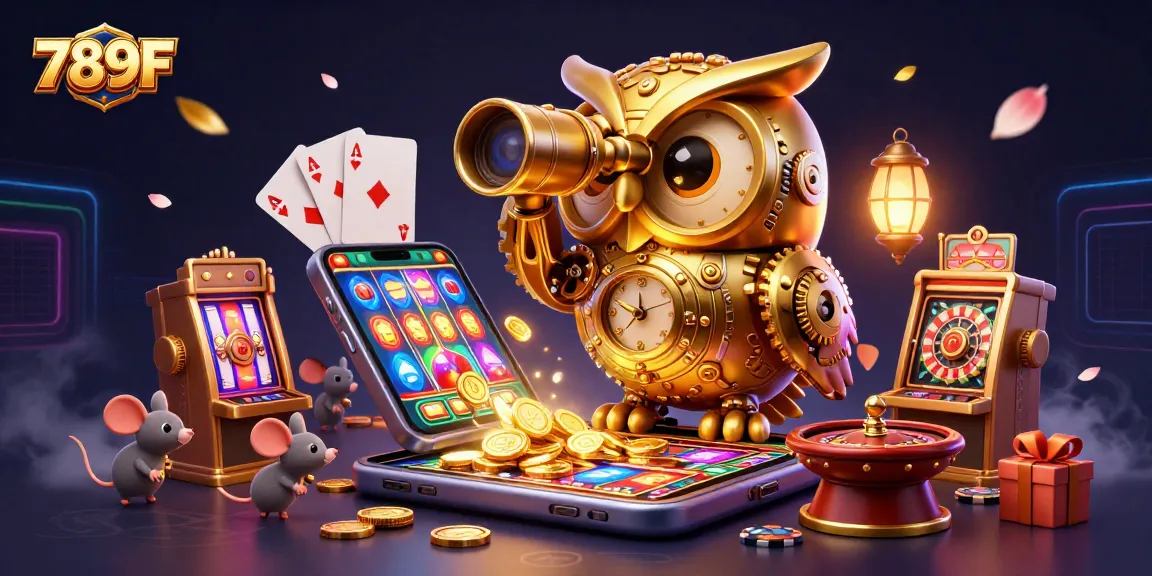 Engage in thrilling gaming action at 789F with a stunning 3D casino illustration showcasing slot games and vibrant characters.