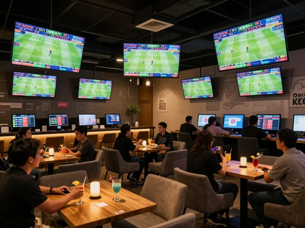 Soi Kèo enthusiasts engaged in sports betting at a lively lounge environment with multiple screens.