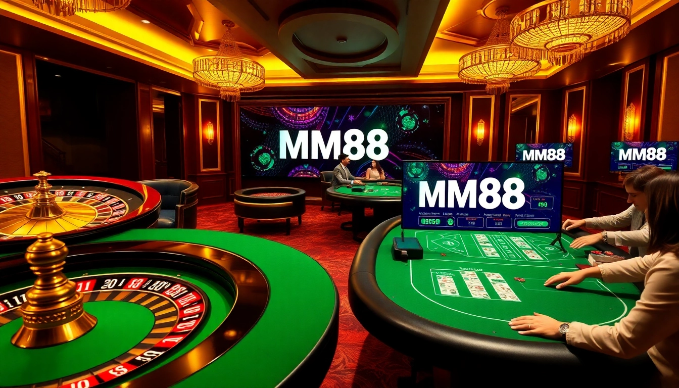 Engaged gamblers enjoy a thrilling experience at MM88's luxurious online casino with poker tables and roulette wheels.