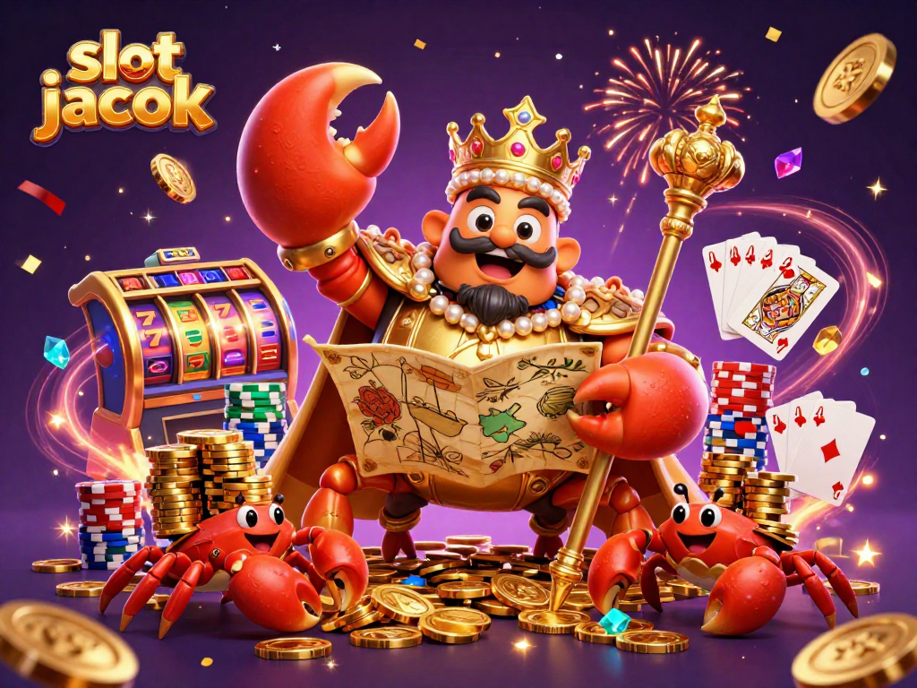 Spin to win big with slot jackpot in this vibrant casino scene featuring golden crab emperor and precious gems.