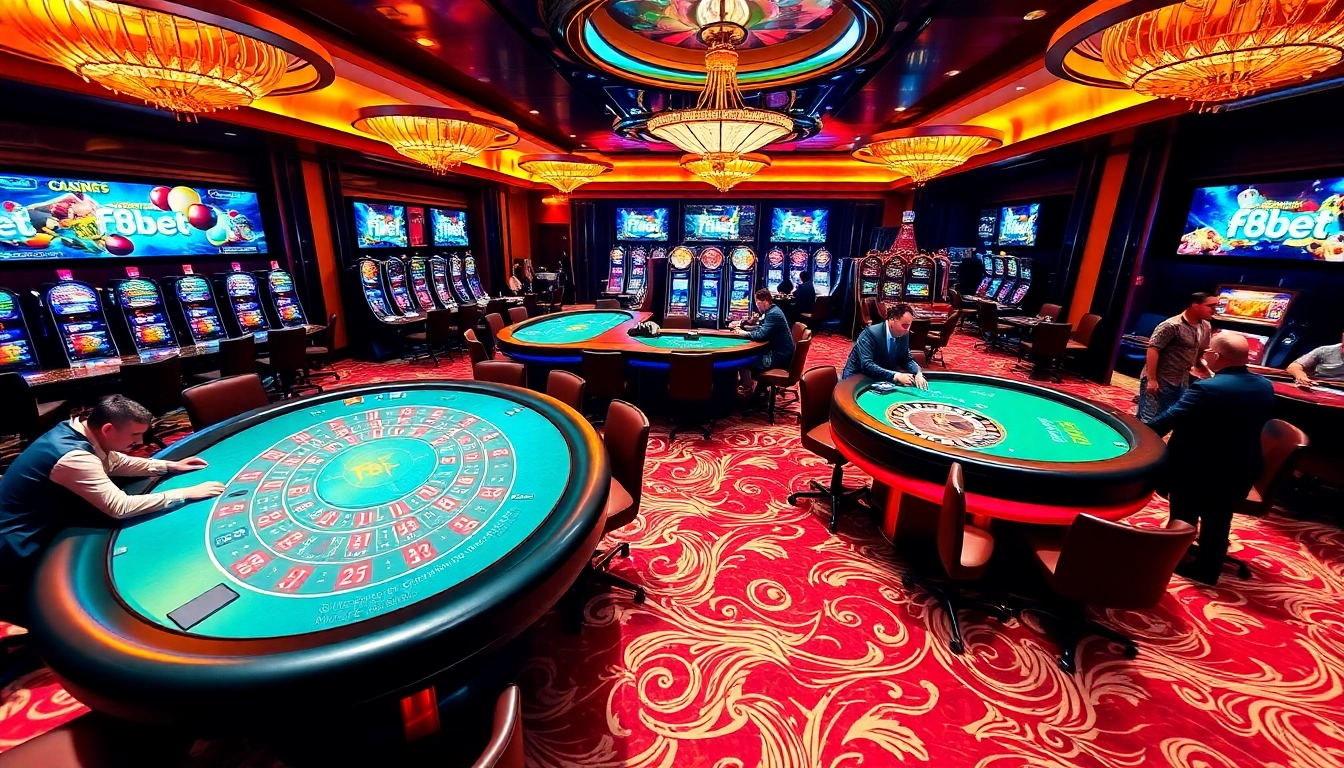 F8bet casino scene with players engaged at tables showcasing luxury and excitement.