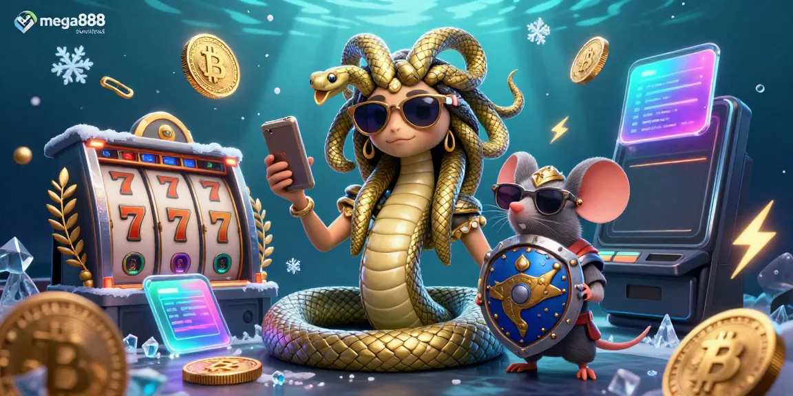 Engage in thrilling gameplay with Mega888 download featuring Medusa and a warrior mouse in a vibrant casino scene.