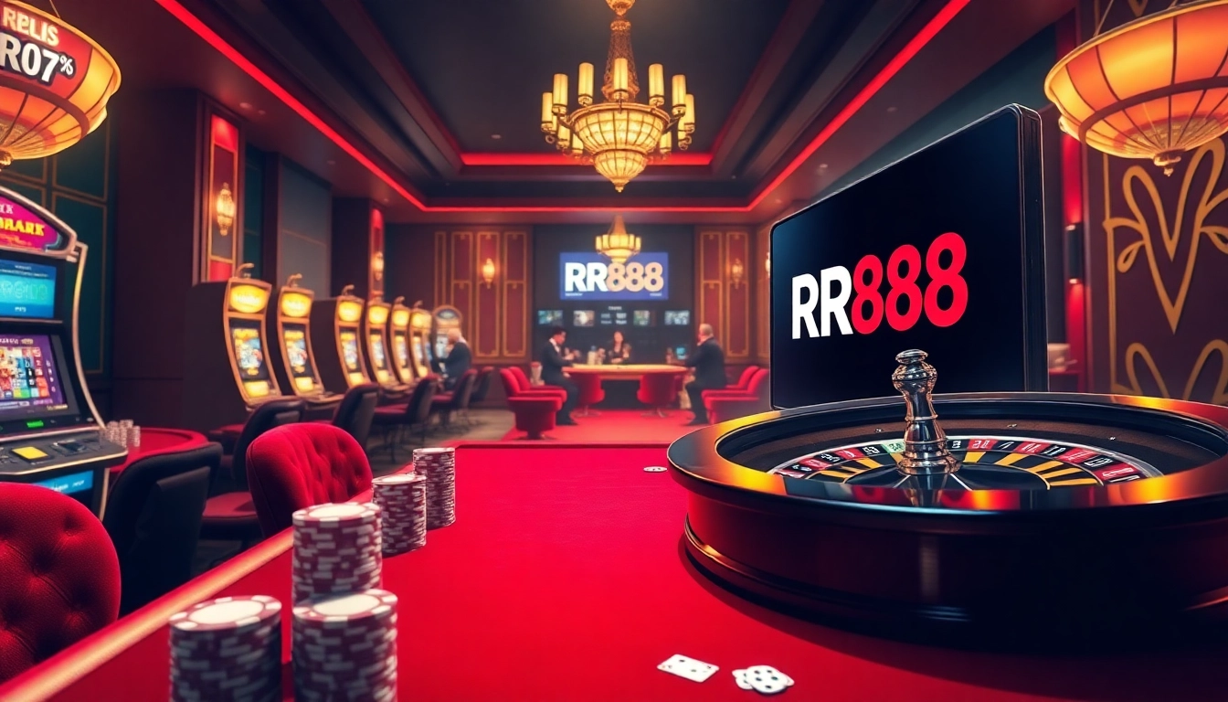 Experience the excitement of RR88 with action-packed gambling scenes showcasing luxury casino elements.