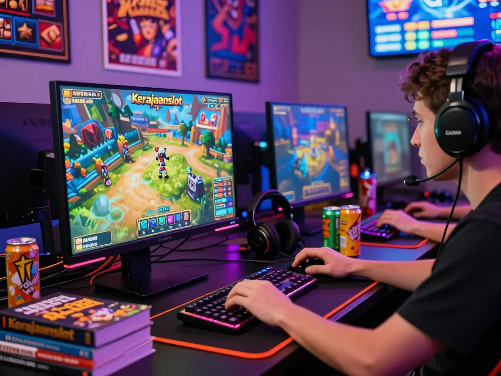 Player engaging with Kerajaanslot in a dynamic online gaming setup, surrounded by gaming gear and vibrant atmosphere.